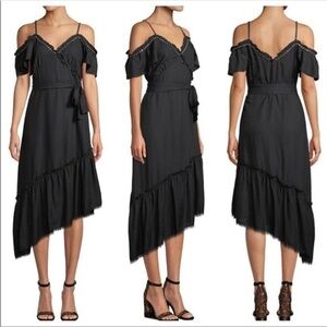 Paige Aylin Asymmetrical Midi Dress Cold Shoulder Ruffle Black Medium
